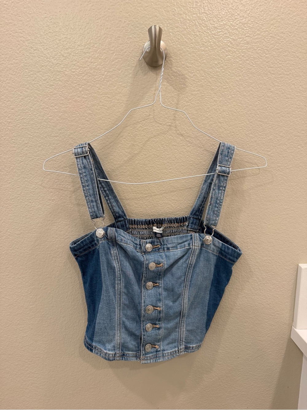 American Eagle Outfitters Two-Tone Denim Button-Front Crop Top - Blue